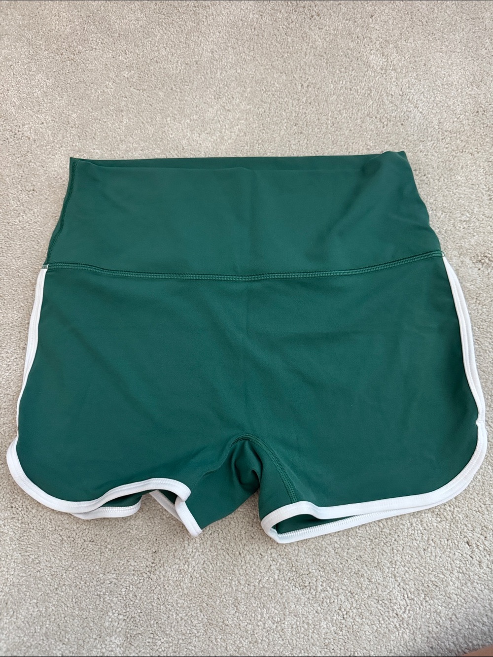 Athleta High-Waist Green Women’s Athletic Shorts with White Trim